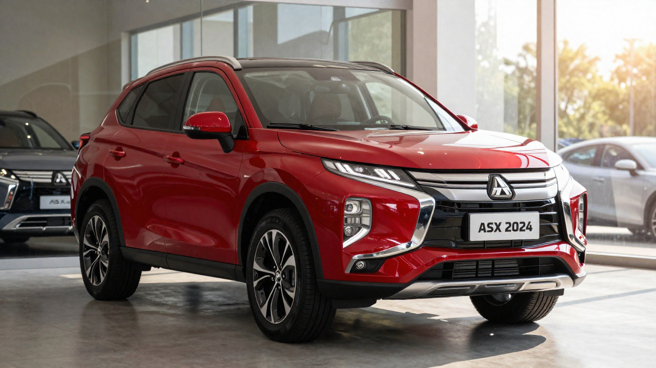 SUV vermelho Mitsubishi ASX 2024 exposto em showroom com vidro ao fundo.