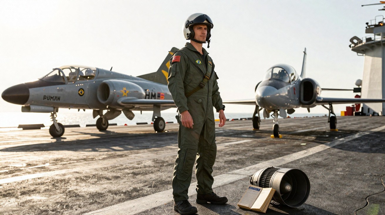 Piloto militar em uniforme verde com capacete, em convés de porta-aviões, com dois aviões atrás e equipamento no chão.