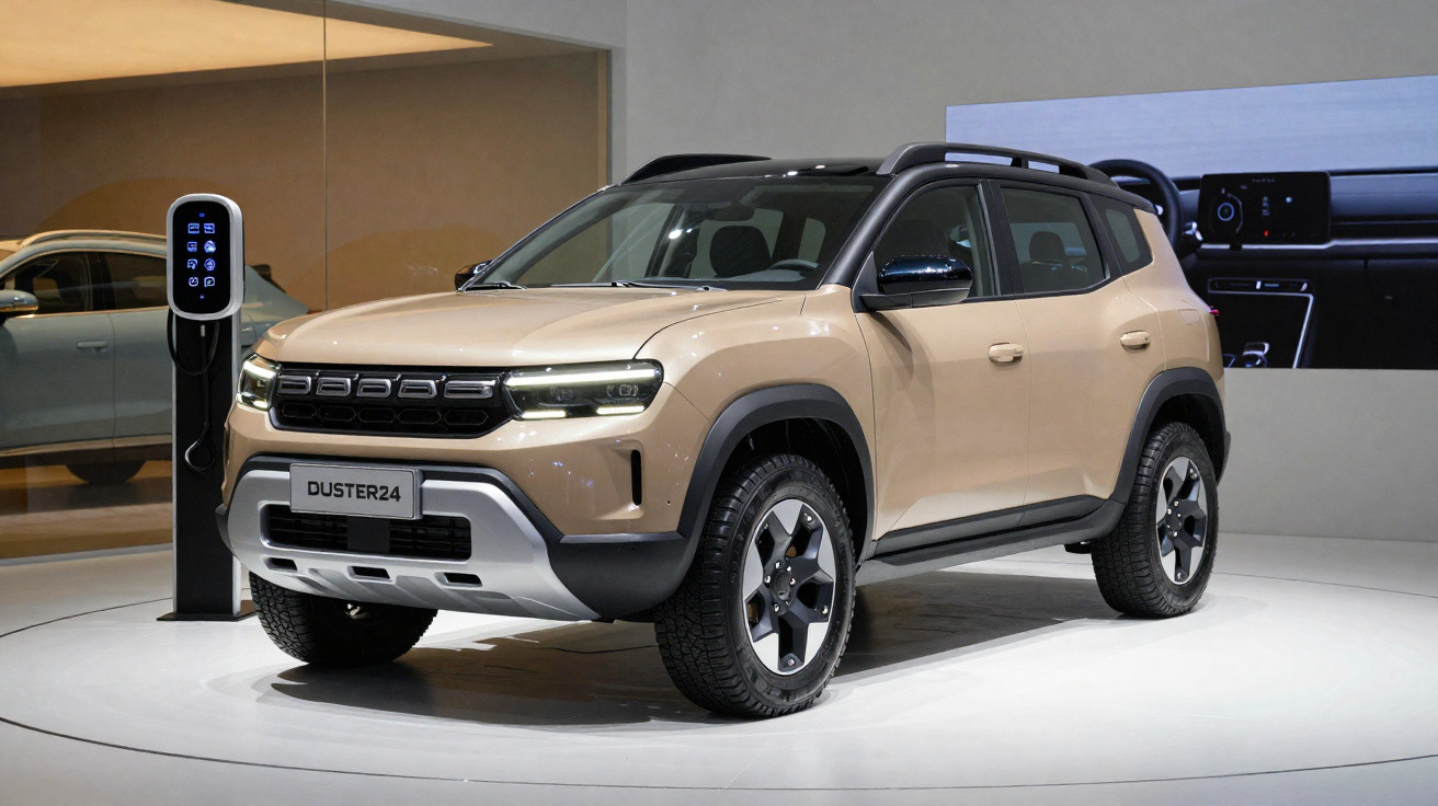 SUV Duster 2024 bege em exposição, com estação de carregamento e parede cinza ao fundo.