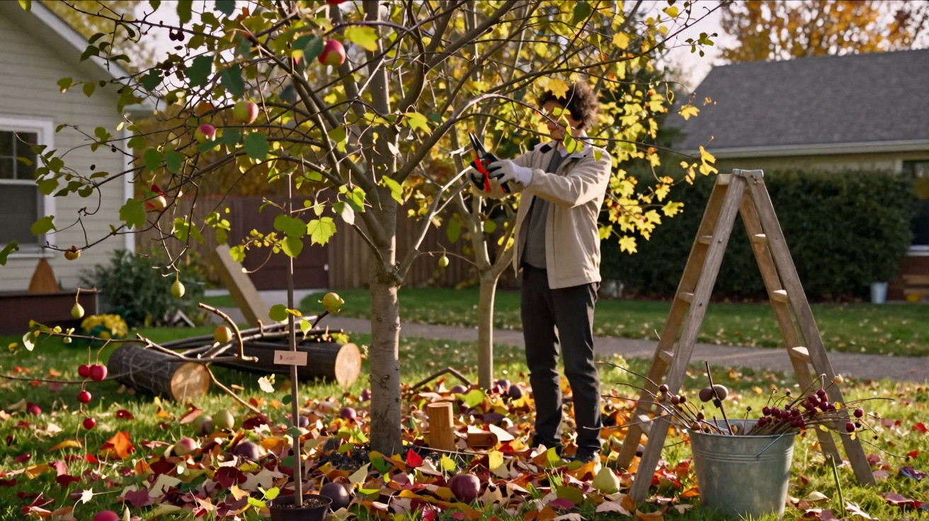 Pessoa podando árvore de maçãs em jardim com folhas coloridas no chão durante outono.