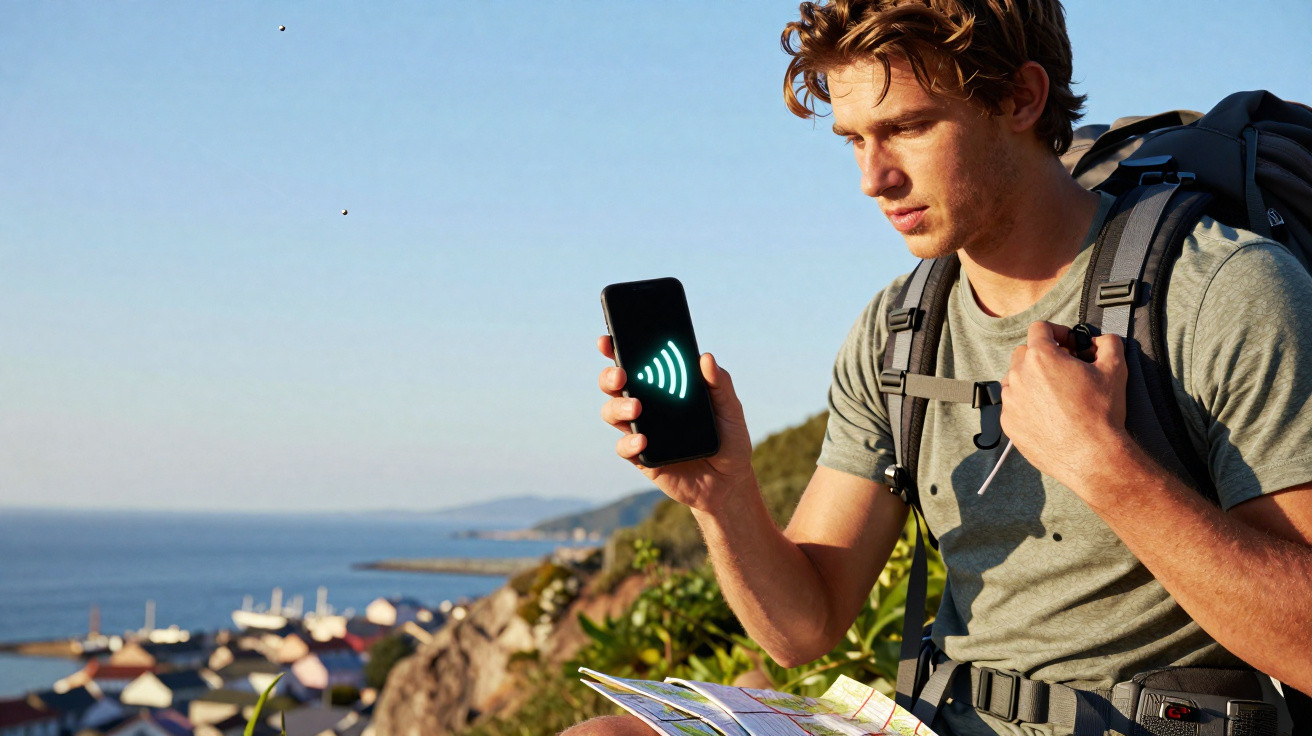 Jovem com mochila segurando celular e mapa em trilha com vista para o mar e casas ao fundo.