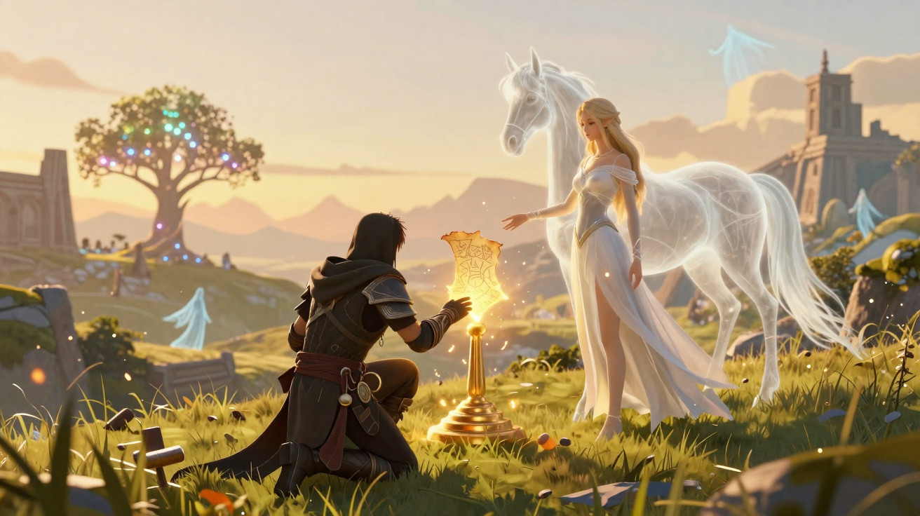 Cavaleiro ajoelhado diante de mulher luminosa com vestido branco e cavalo fantasma em campo ao pôr do sol.