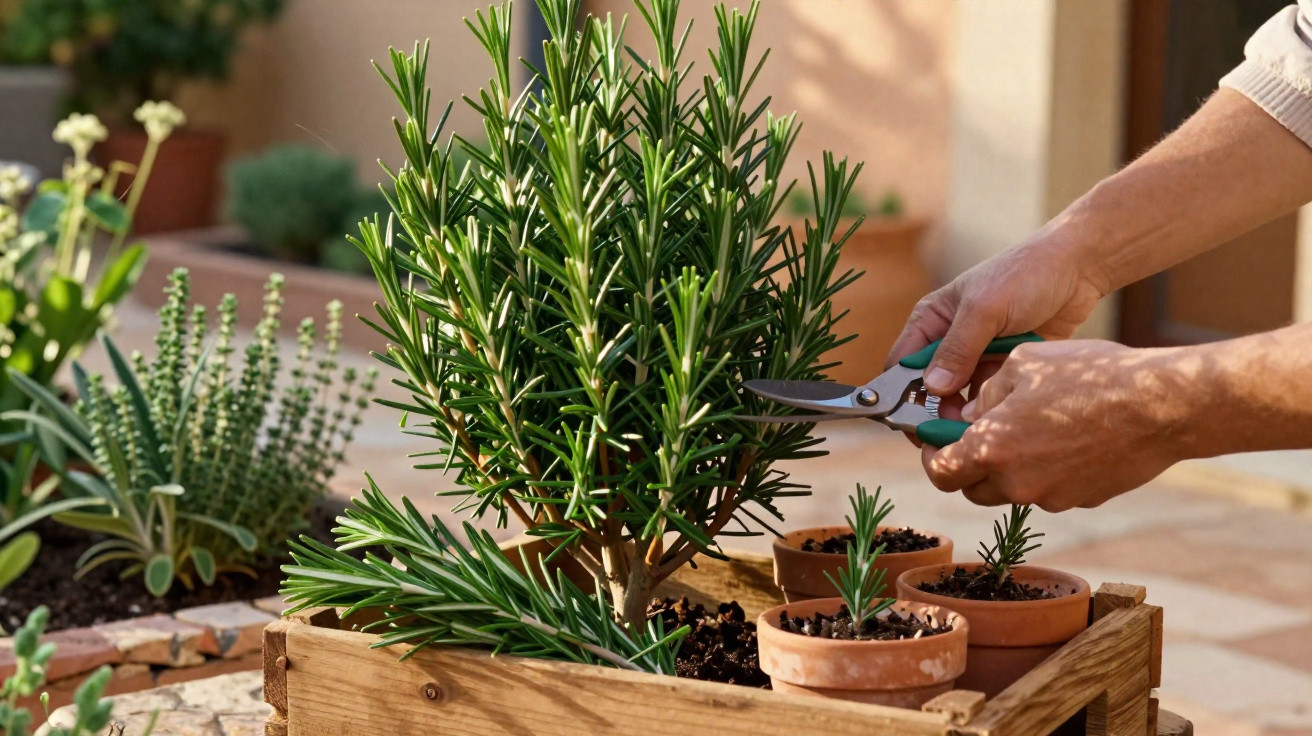 Pessoa podando planta de alecrim em vaso de madeira com tesoura de jardinagem.