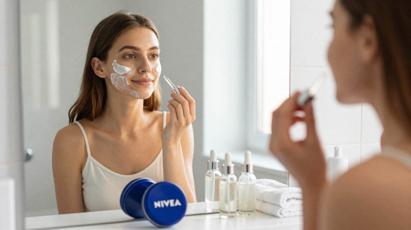 Mulher aplicando creme facial branco no rosto na frente do espelho no banheiro.
