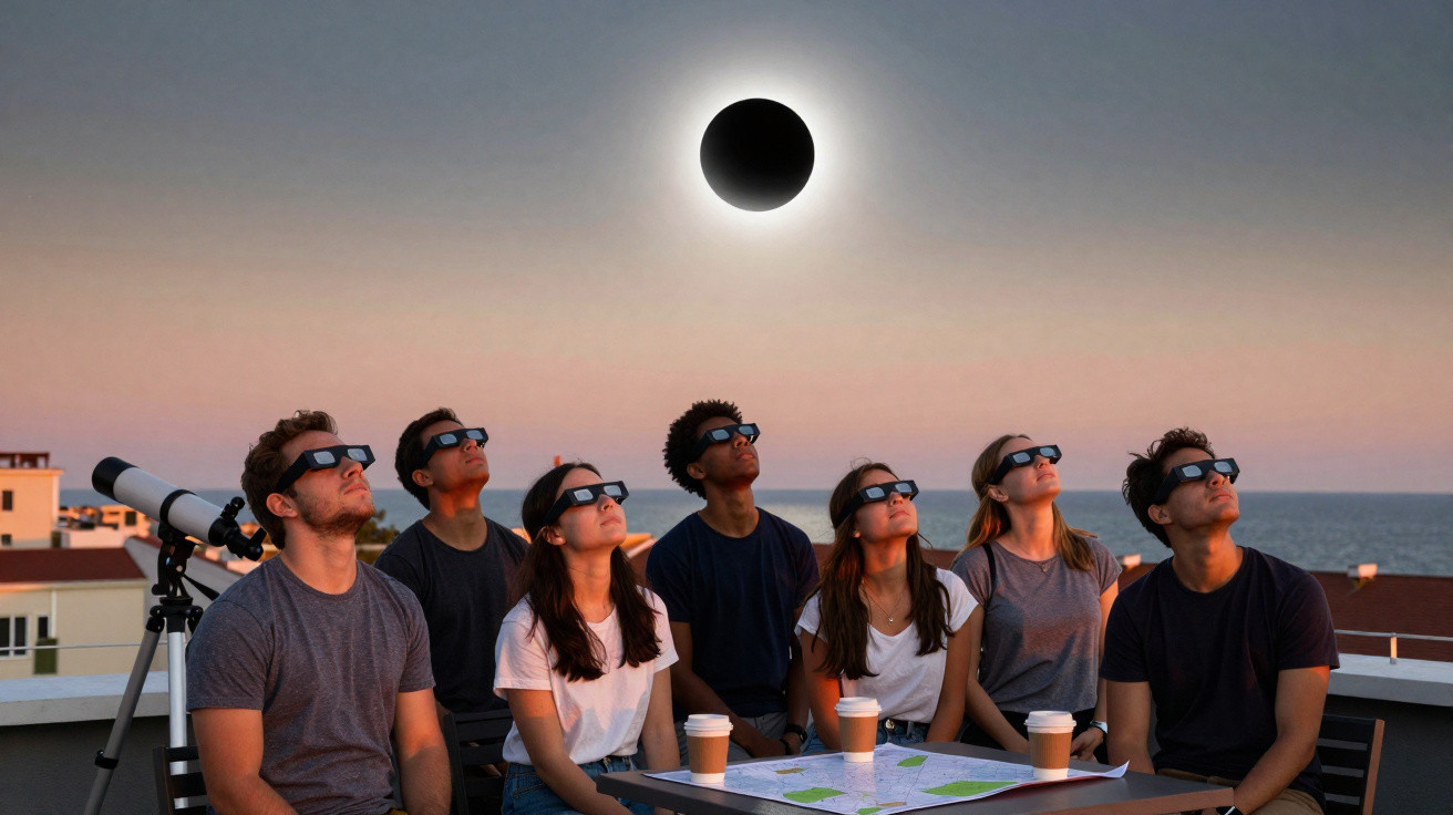 Grupo de pessoas com óculos escuros observando eclipse solar em área externa ao anoitecer.