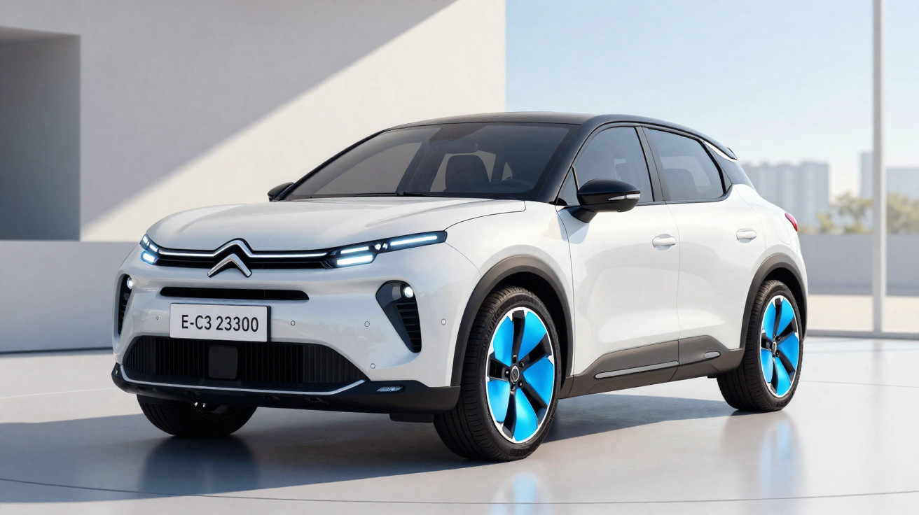 Carro elétrico branco Citroën E-C3 com detalhes pretos e rodas azuis em ambiente moderno e iluminado.