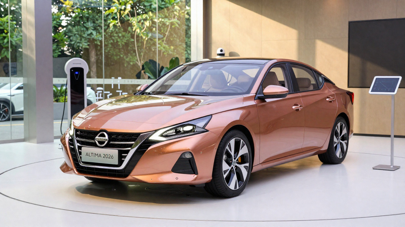 Carro sedã Nissan Altima 2026 cor cobre exibido em showroom moderno com carregador elétrico.