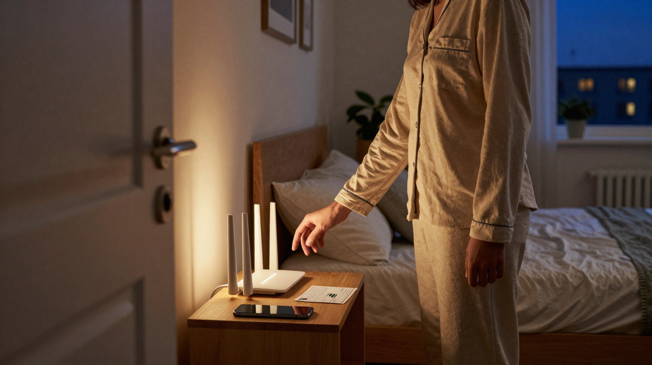 Pessoa em pijama acionando roteador Wi-Fi em mesa próxima à cama durante a noite.