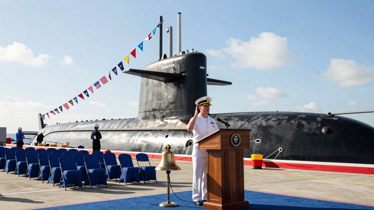 Oficial naval em uniforme branco em pé em pódio ao lado de submarino preto ancorado com bandeiras coloridas.