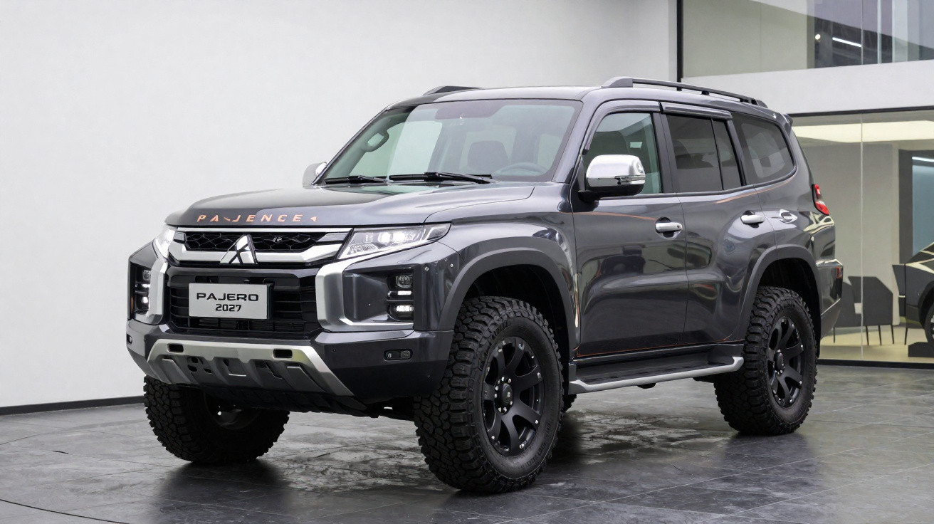 SUV Mitsubishi Pajero 2027 cinza metálico exibido em ambiente interno moderno.