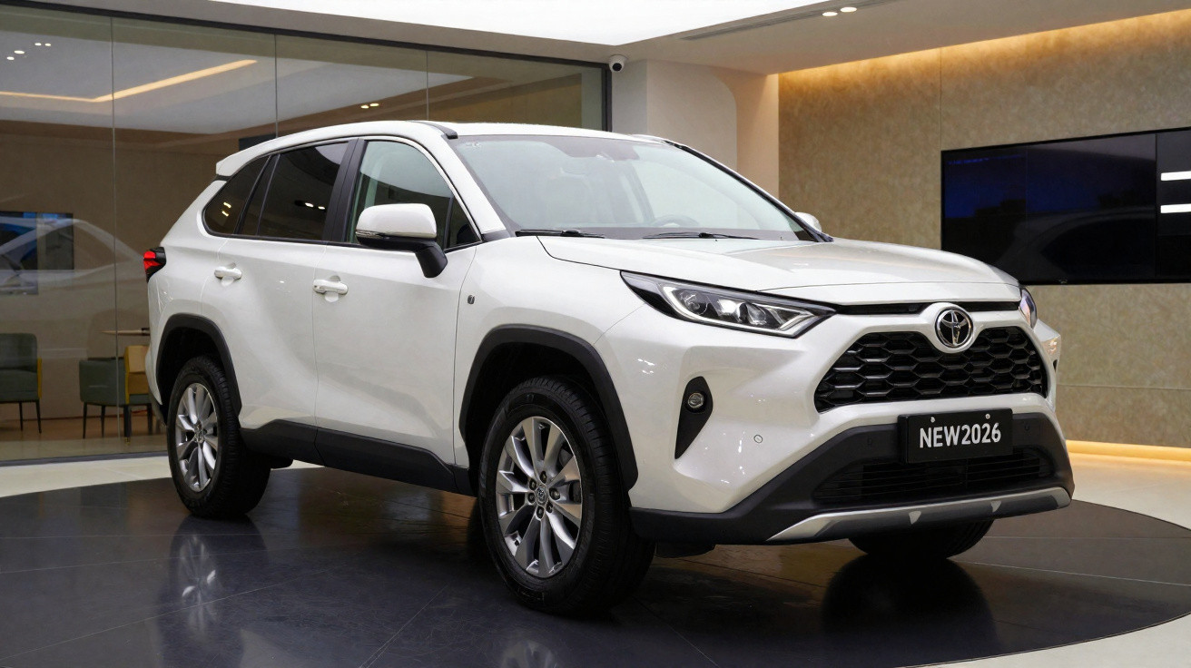SUV branco modelo 2026 da Toyota exibido em showroom com iluminação interna moderna.