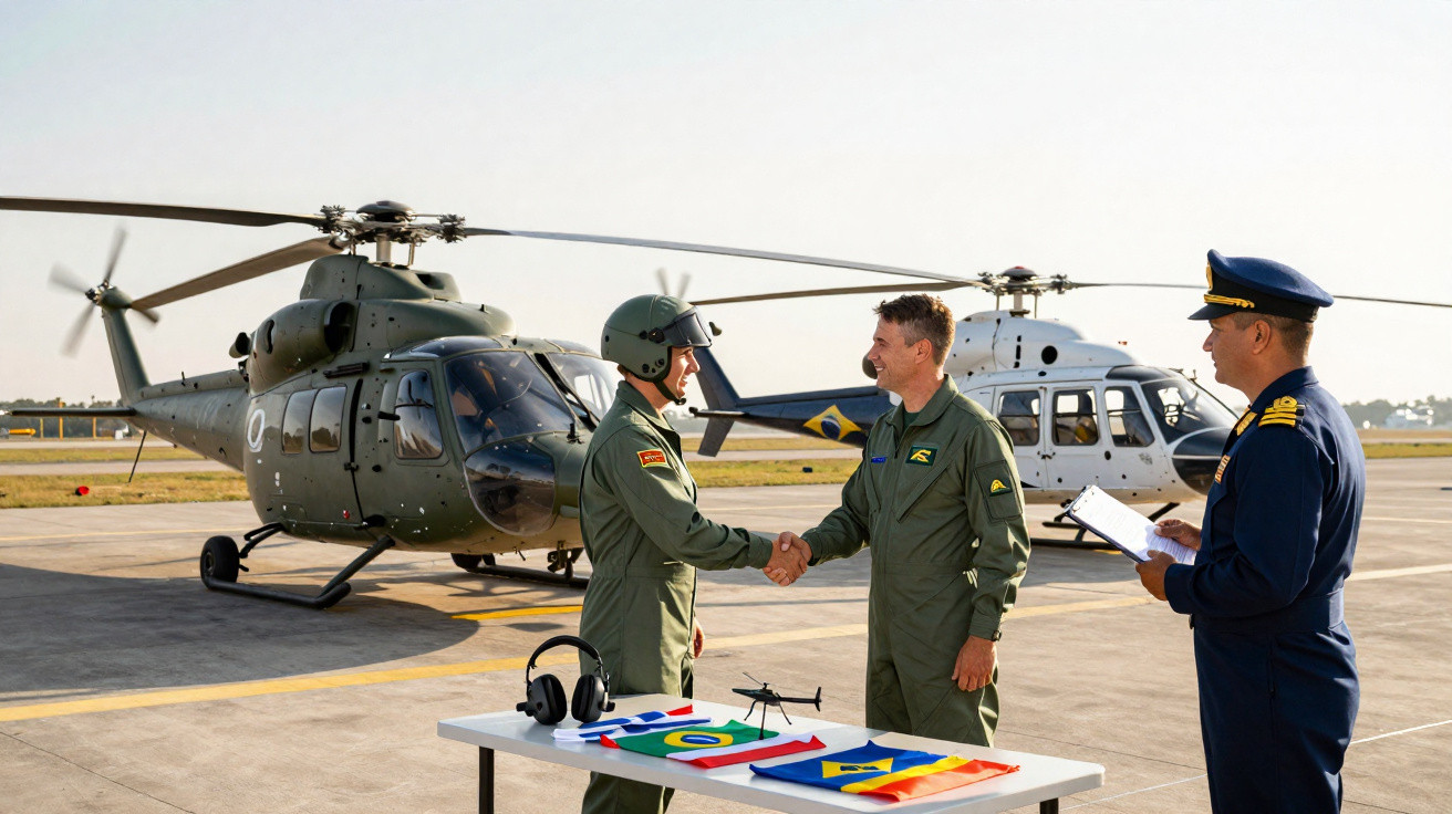 Dois pilotos militares cumprimentam-se diante de helicópteros enquanto oficial observa com prancheta na mão.
