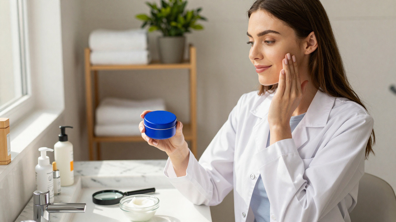 Mulher em jaleco branco examinando pote azul de creme facial em banheiro iluminado.