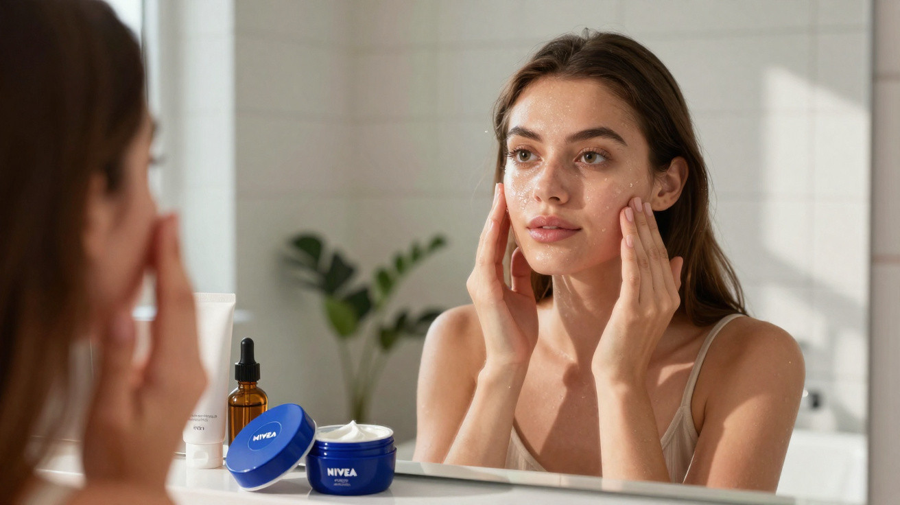 Mulher aplicando creme facial Nivea no rosto em frente ao espelho no banheiro.
