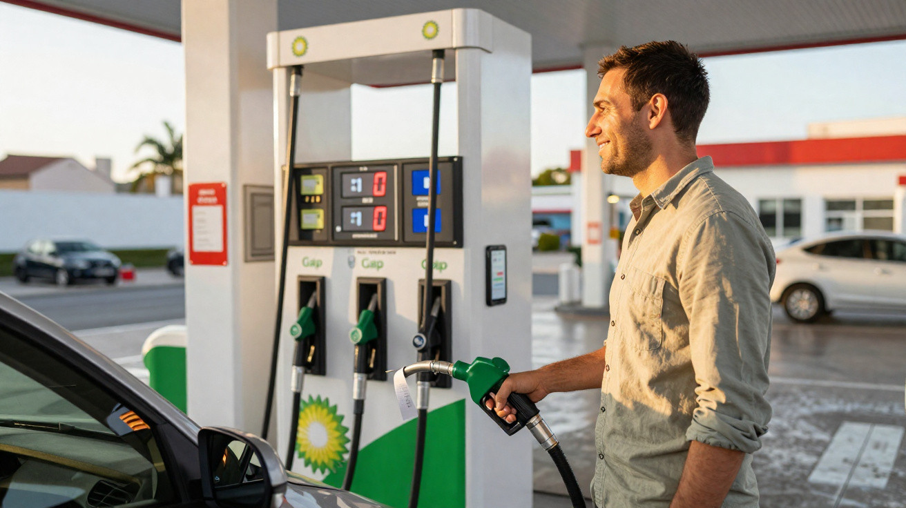 Homem sorridente abastecendo carro com gasolina em posto Galp durante o dia.