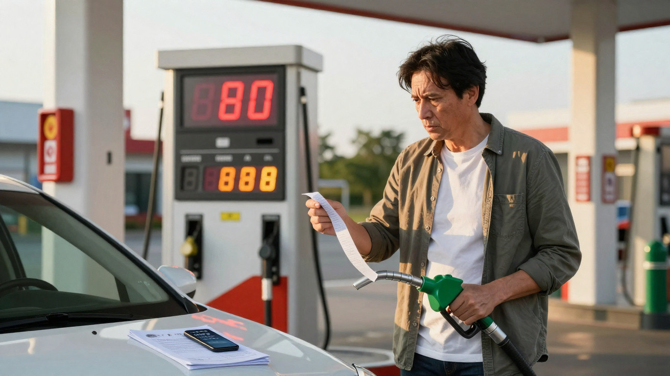 Homem em posto de gasolina segurando bomba e conferindo recibo com expressão preocupada.