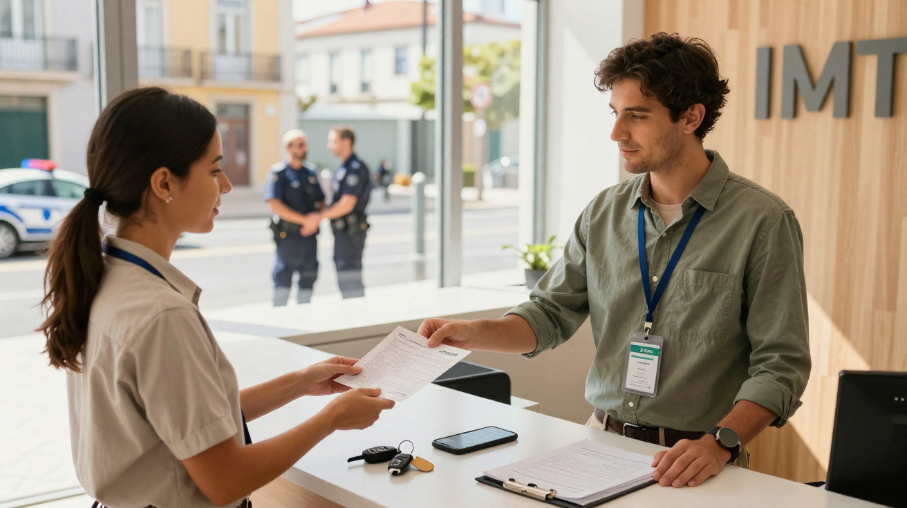 Atendente entrega documento para cliente em balcão de agência com policiais ao fundo.