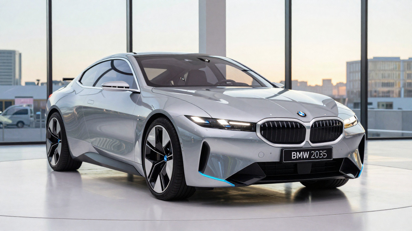 Carro esportivo elétrico BMW 2035 prata exibido em showroom com vidros e rodas modernas.
