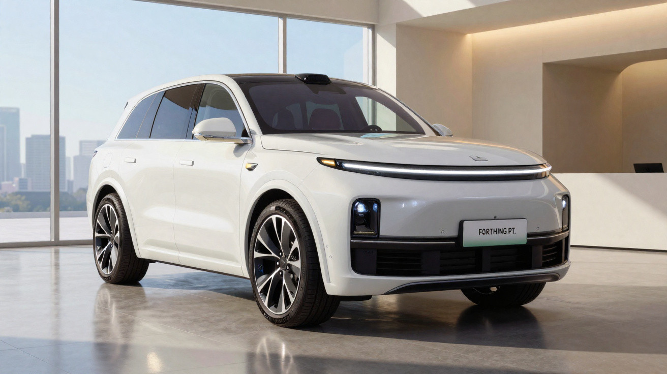 Carro elétrico branco exposto em ambiente interno moderno com grandes janelas e piso refletivo.