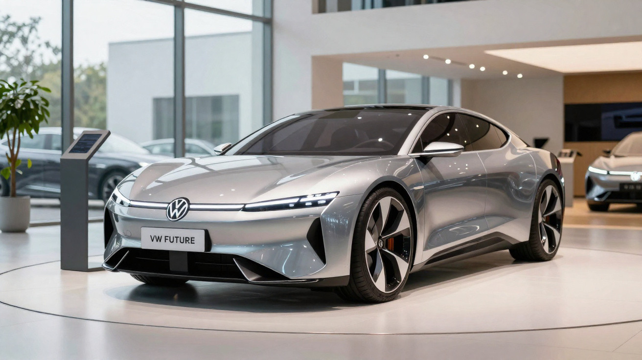 Carro esportivo elétrico prata da Volkswagen em exposição moderna, com design futurista e placa "FUTURE".