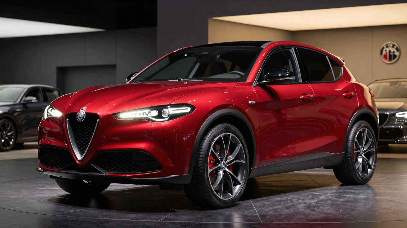 Carro Alfa Romeo Junior EV vermelho em exposição, com design esportivo e rodas pretas.
