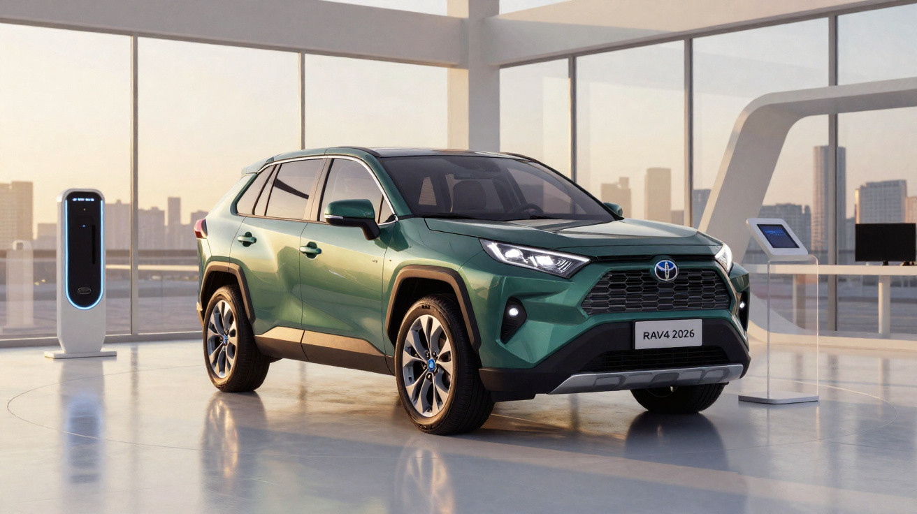 SUV Toyota RAV4 2026 verde exibido em showroom moderno com estação de recarga elétrica.