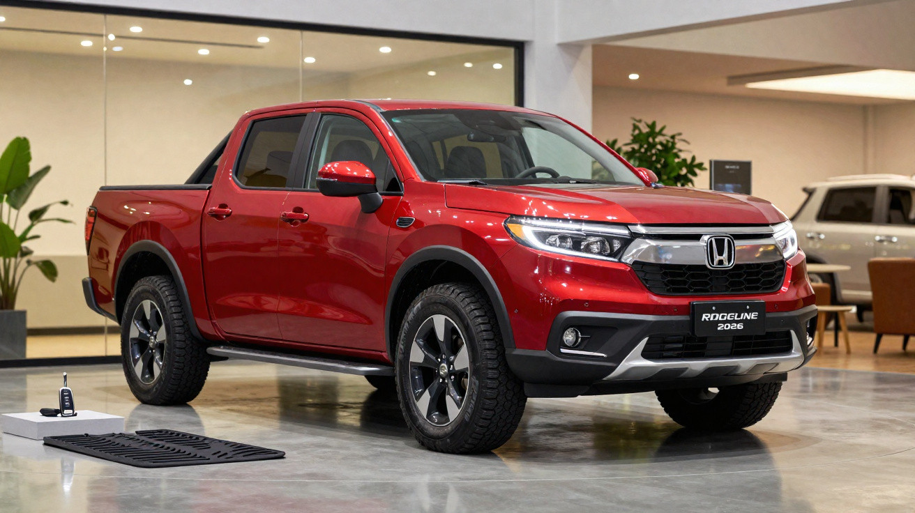 Picape Honda Ridgeline 2026 vermelha estacionada em ambiente interno moderno.