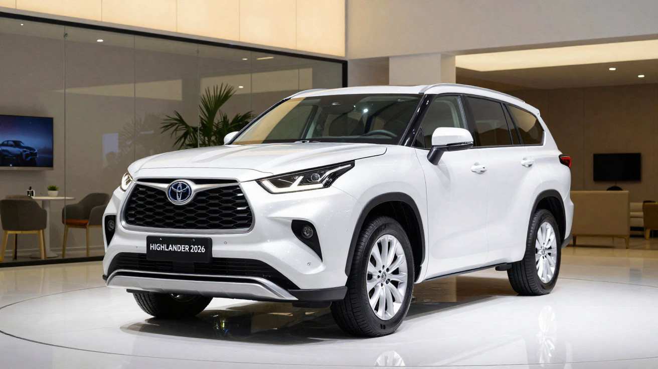 SUV Toyota Highlander 2026 branco exibido em ambiente interno moderno com iluminação suave.