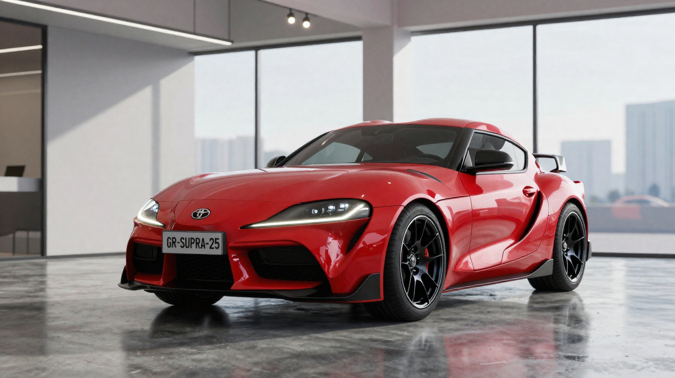 Carro esportivo Toyota Supra vermelho exposto em ambiente interno com janelas amplas.