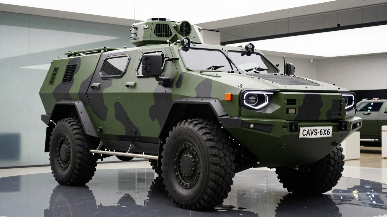 Veículo blindado militar 6x6 camuflado verde exposto em espaço interno moderno.