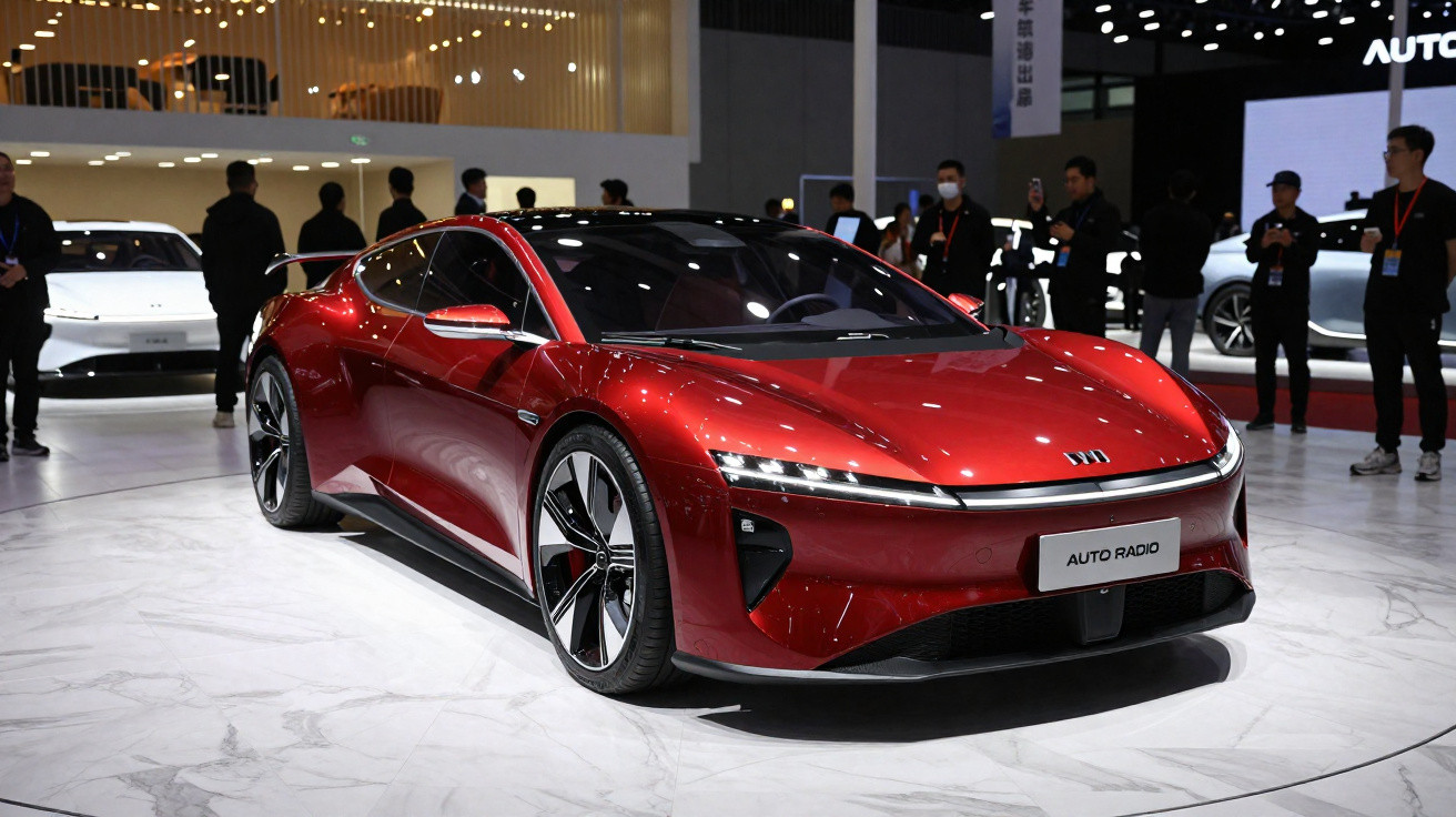 Carro esportivo elétrico vermelho brilhante exibido em salão automotivo com pessoas ao fundo.