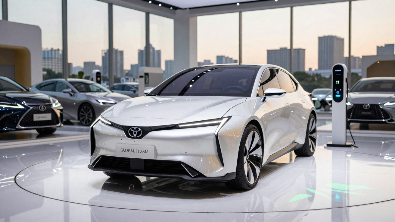 Carro elétrico branco Toyota exibido em showroom moderno com estação de carregamento ao fundo.