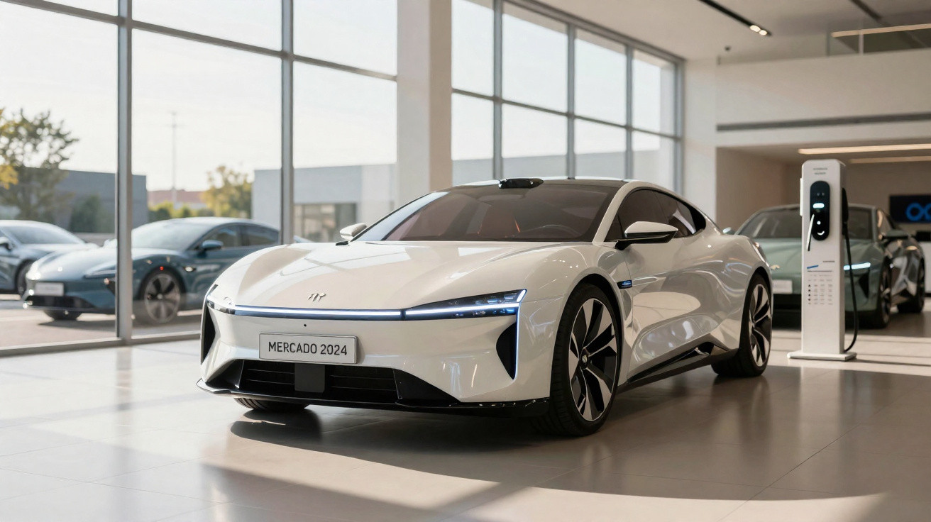 Carro elétrico branco moderno em exposição dentro de showroom com vidro panorâmico e estação de recarga.