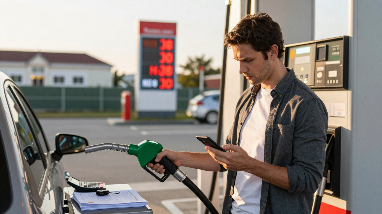 Homem segurando bomba de combustível e olhando para celular em posto de gasolina à luz do dia.
