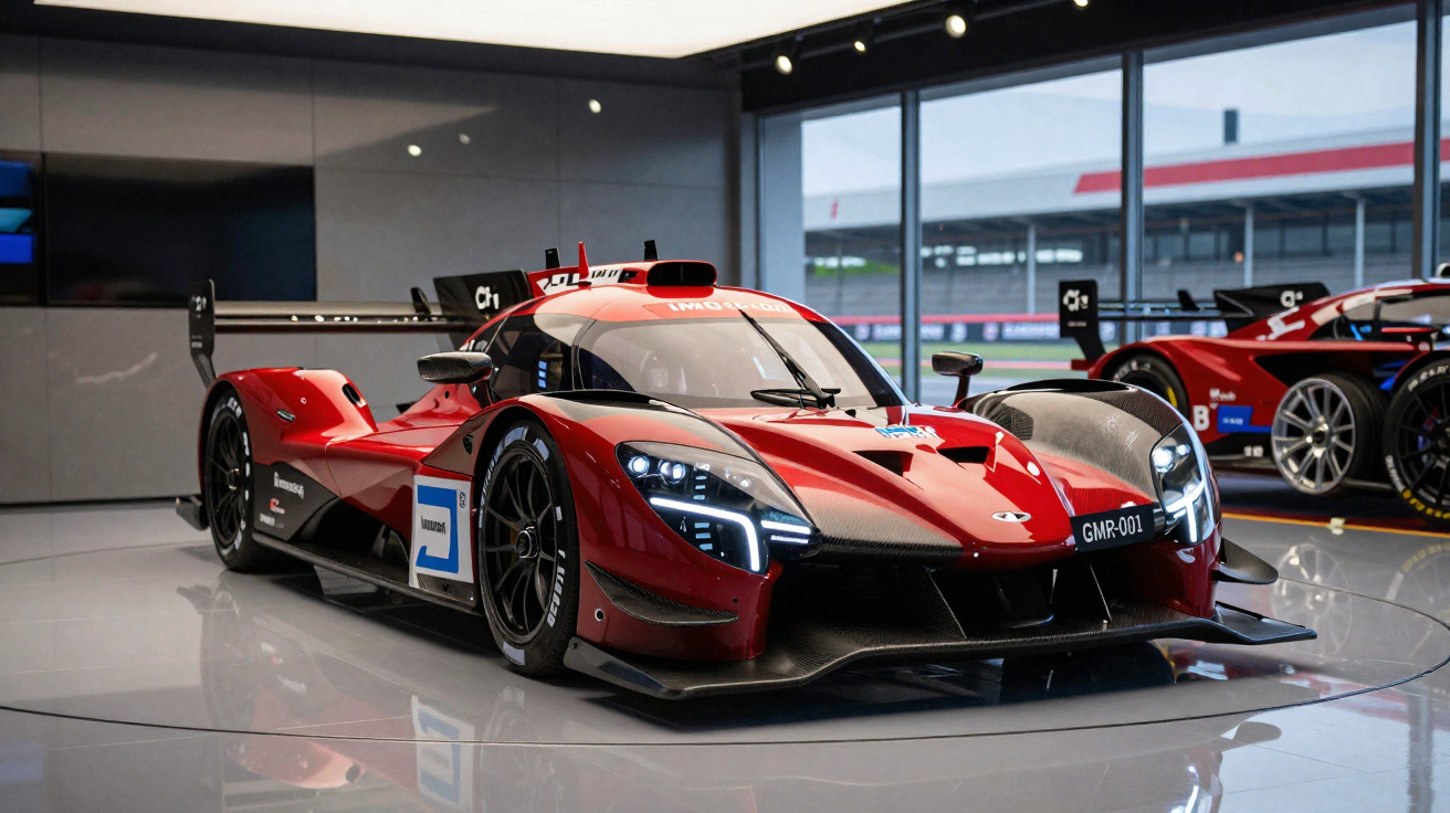 Carro de corrida vermelho com detalhes em preto em ambiente moderno de garagem ou showroom.