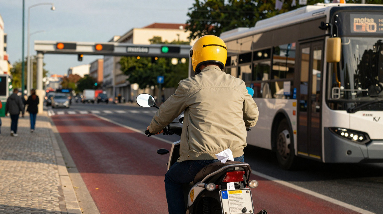 Motociclista de capacete amarelo aguardando em faixa para motos com ônibus e carros ao fundo na cidade.
