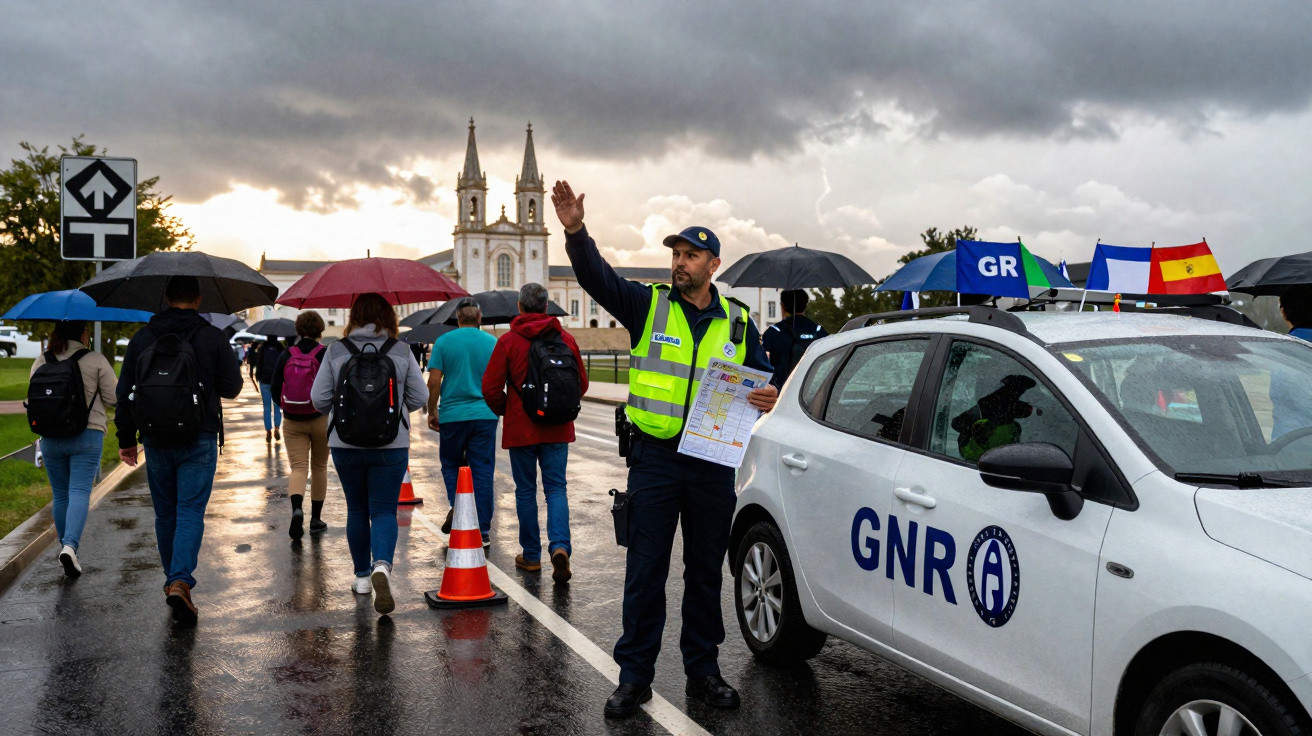 Policial da GNR orienta carros perto de pedestres com guarda-chuvas em dia chuvoso, igreja ao fundo.