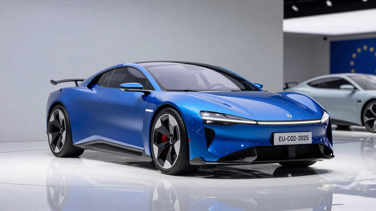 Carro esportivo elétrico azul em exposição em salão com design aerodinâmico e rodas grandes.