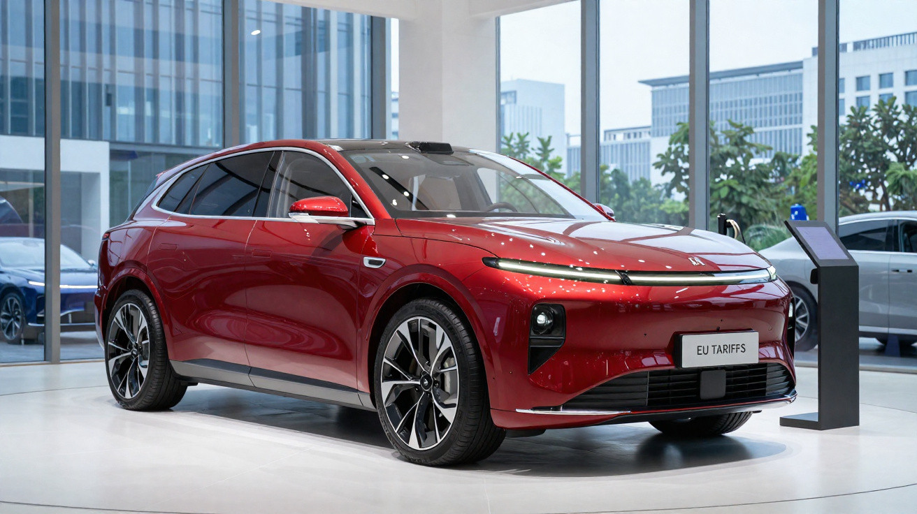 Carro elétrico vermelho exposto em salão com grandes janelas e placa EU Tariffs.
