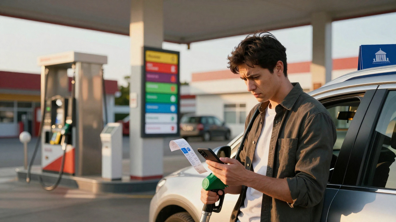 Homem conferindo conta no celular enquanto abastece carro em posto de gasolina.