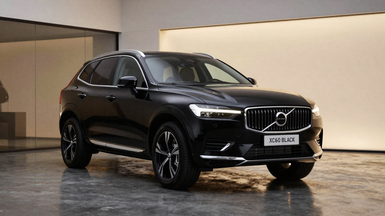 SUV Volvo XC60 Black Edition preto, estacionado em ambiente interno moderno com piso cinza.