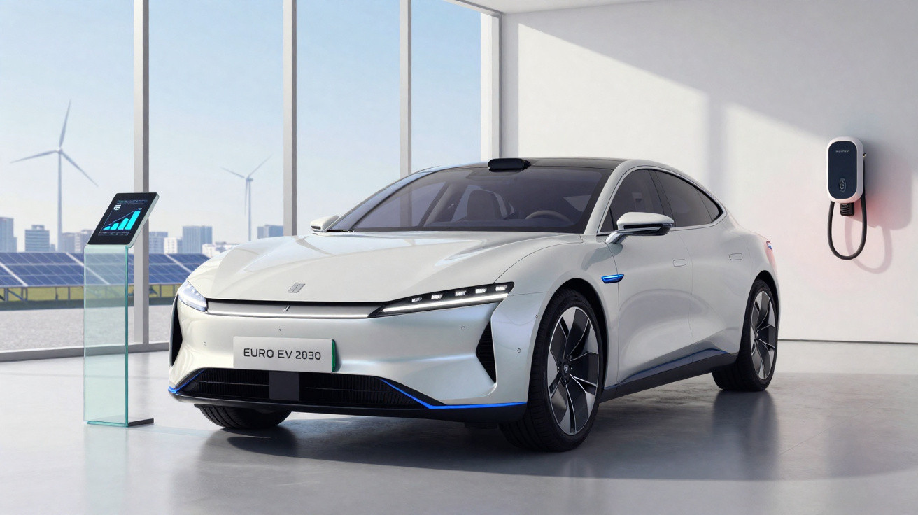 Carro elétrico branco Euro EV 2030 em showroom com paredes brancas, carregador elétrico e painéis solares ao fundo.