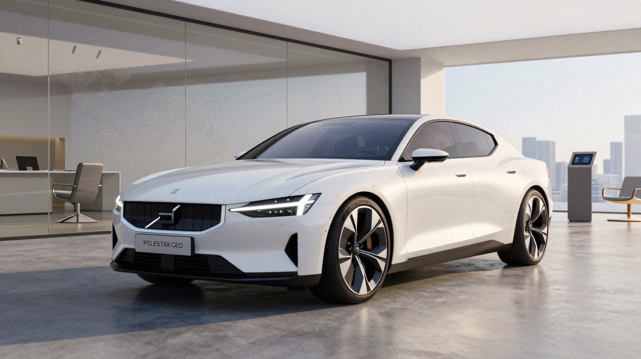 Carro elétrico branco Polestar 2 em exposição moderna com iluminação suave e ambiente minimalista.