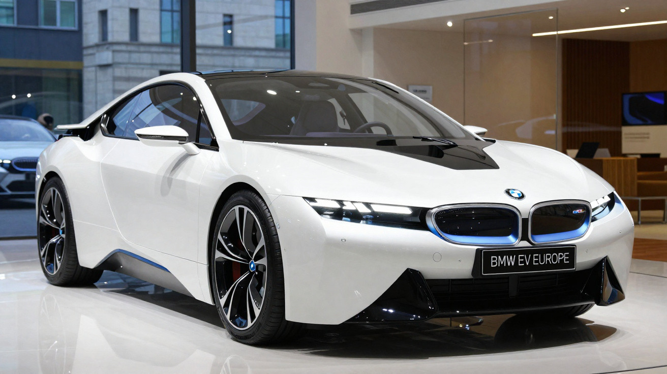 Carro esportivo elétrico BMW branco em exposição, modelo futurista com detalhes em azul.