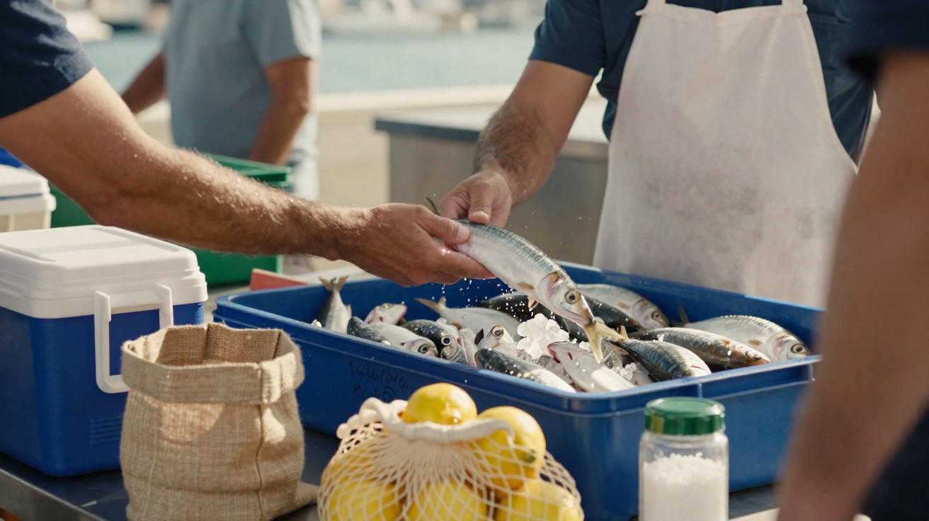 Pessoa segurando peixe fresco sobre caixa azul com peixes à venda em mercado ao ar livre.