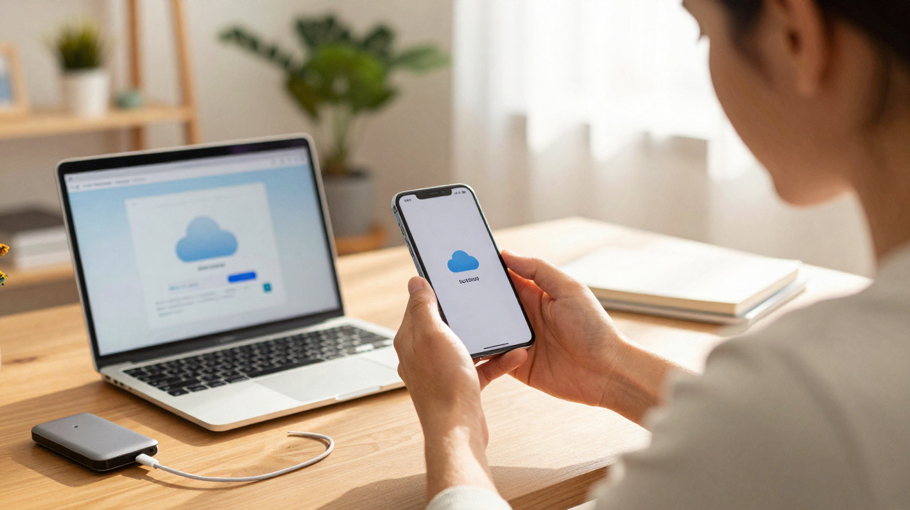 Pessoa usando celular e notebook com login em serviço de armazenamento em nuvem em ambiente claro.