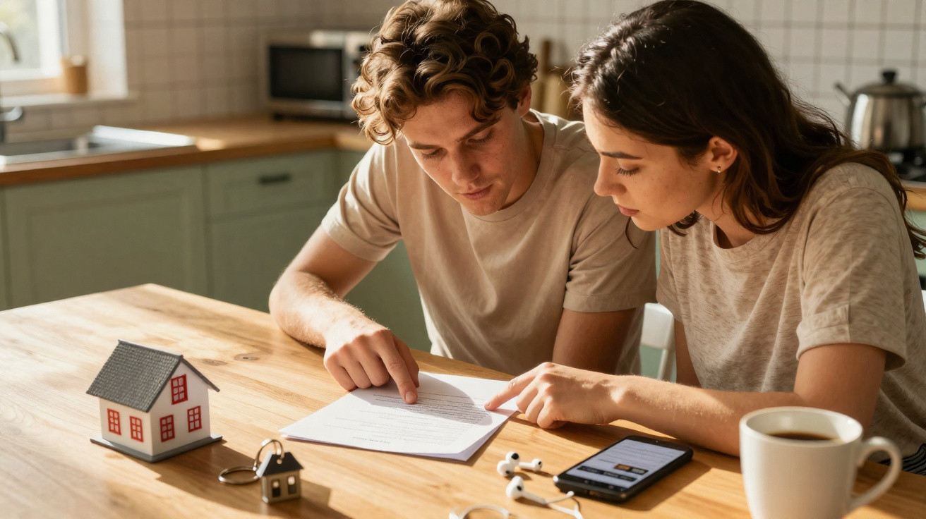 Casal jovem analisando contrato à mesa com miniatura de casa, chaves e celular em uma cozinha.