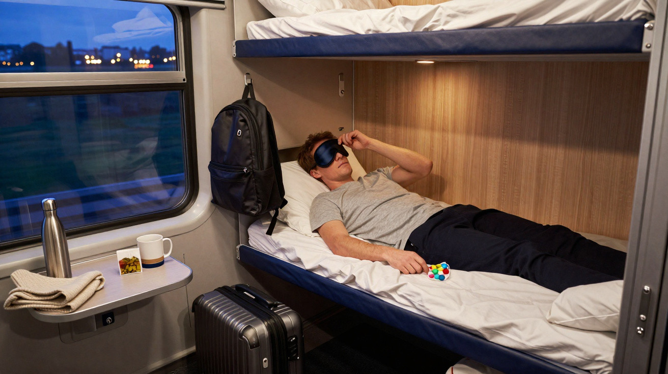 Pessoa deitada na cabine de trem com máscara de dormir, mochila pendurada e mala ao lado da cama inferior.