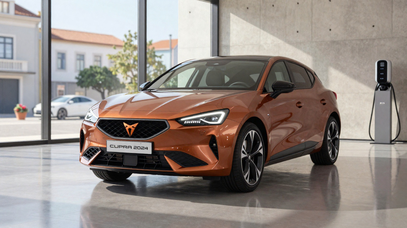Carro Cupra 2024 laranja estacionado em ambiente interno próximo a estação de carregamento elétrico.