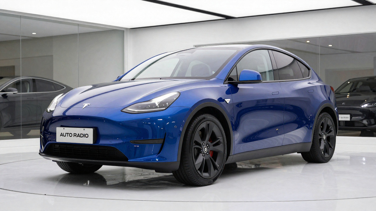 Carro elétrico azul estacionado em showroom moderno com piso branco e iluminação suave.